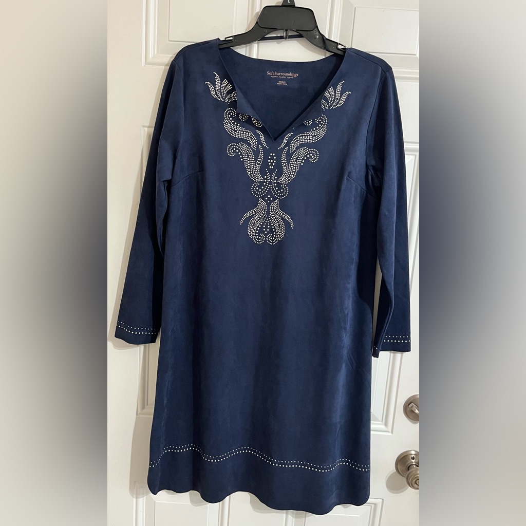 Soft Surroundings Ambrosia Dress Nautical Navy Blue Size M Sheath Studded Suede
